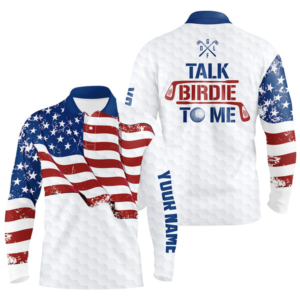 Funny Mens golf polo shirt custom American flag patriotic white golf shirts talk birdie to me NQS9204