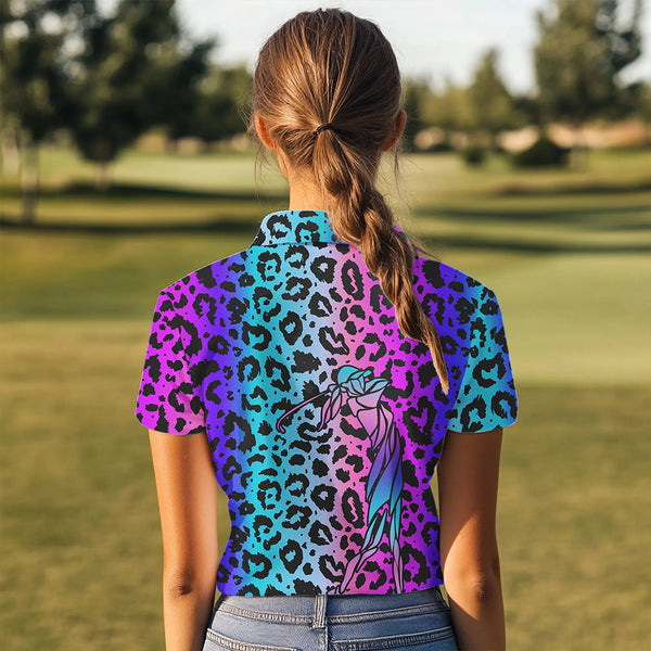 Neon Blue and purple leopard pattern Womens golf polo shirts Custom ladies golf tops, unique golf gift NQS9401