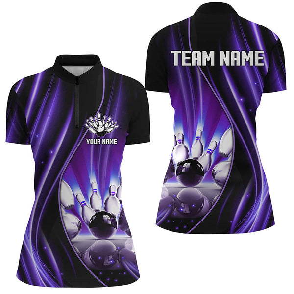 Purple and black light Women Polo, 1/4 Quarter Zip Shirt Custom bowling team jerseys, gift for bowlers NQS7861