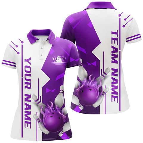 White and Purple Flame Bowling Polo, Quarter Zip shirts for Women custom Team Bowling Jersey For Women NQS8743