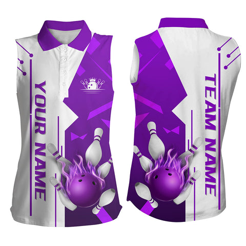 White and Purple Flame Bowling Sleeveless Polo shirts for Women custom Ladies Team Bowling Jersey NQS8743