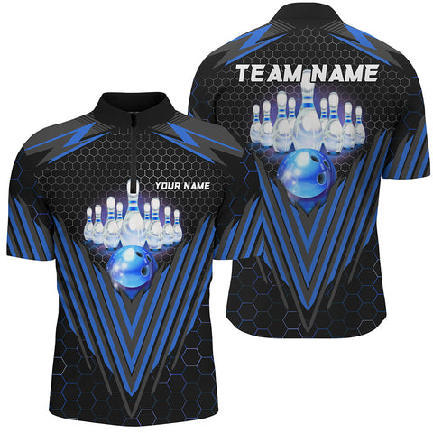 Black and Blue Mens Bowling Polo, Quarter zip shirts Custom Team Bowling Jerseys, Bowling uniforms NQS8976