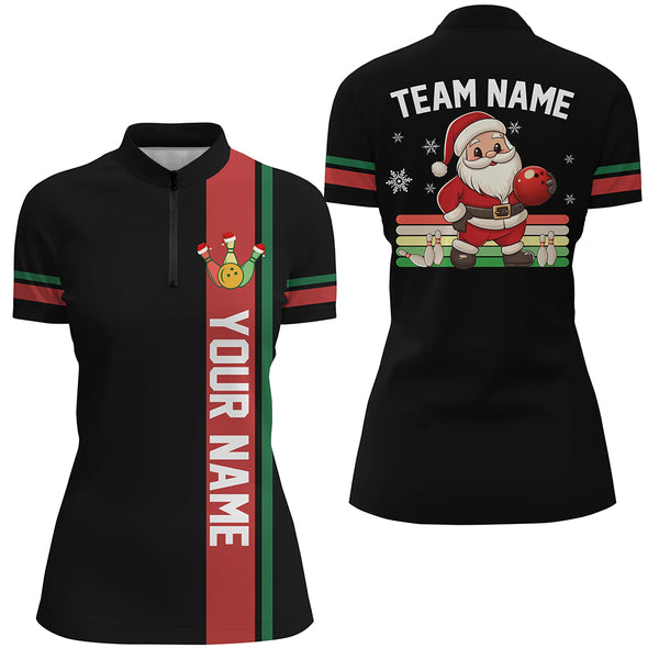 Retro Christmas Santa Bowling Polo, 1/4 zip shirts For Women Custom Xmas Team Bowling Jerseys | Black NQS8986