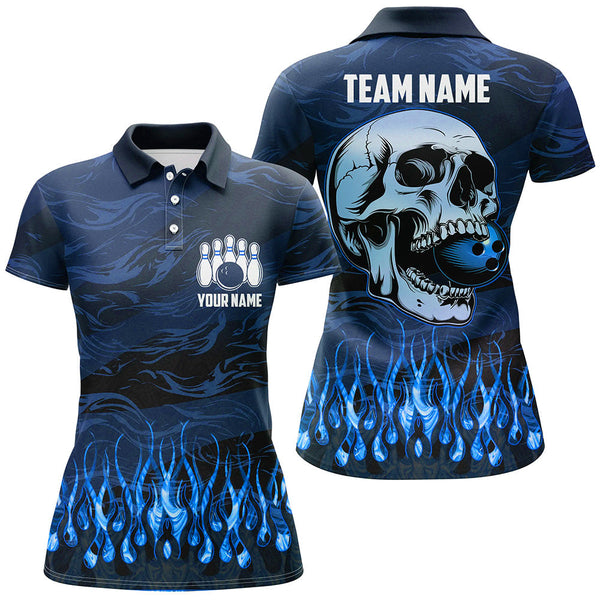 Bowling polo, quarter zip shirts for women Custom Blue camo Flame Skull Bowling Team League Jerseys NQS7652