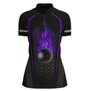 Bowling ball fire black custom Quarter Zip Bowling Jersey 3D Bowling Team Shirt For women | Purple NQS7053