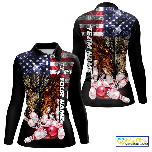 American Flag Dragon Bowling Polo, Quarter Zip Shirts for Women Custom patriotic Team Bowling jerseys NQS10288