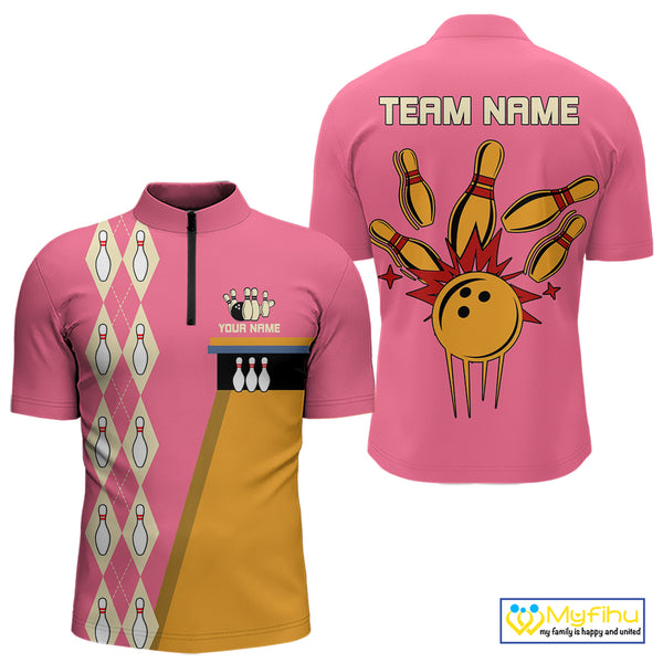 Pink and Yellow Retro Bowling Polo, Quarter Zip shirt for Men Custom vintage team bowling jersey NQS10708