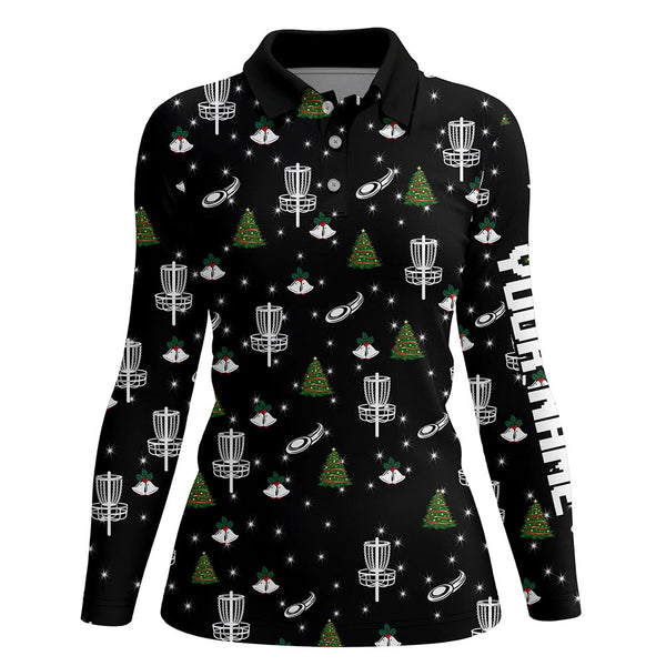 Womens golf polo shirt custom black Christmas pattern disc golf shirt for women, disc golf jerseys NQS6664