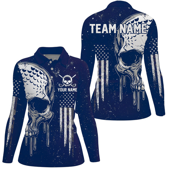 Personalized Blue White grunge American Flag Skull Women Bowling Team Shirt, Patriotic Bowling Jersey NQS9226