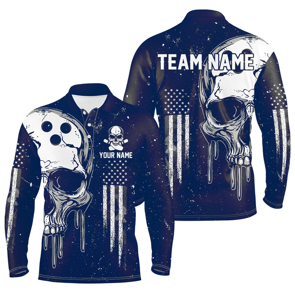 Personalized Blue and White grunge American Flag Skull Bowling Team Shirts, Patriotic Bowling Jerseys NQS9226