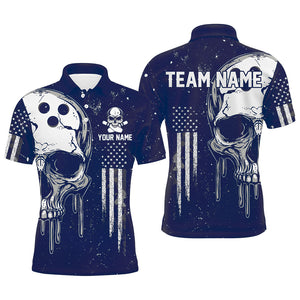 Personalized Blue and White grunge American Flag Skull Bowling Team Shirts, Patriotic Bowling Jerseys NQS9226