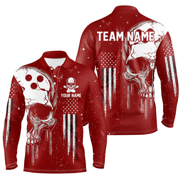 Personalized Red and White grunge American Flag Skull Bowling Team Shirts, Patriotic Bowling Jerseys NQS9227