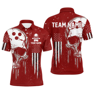 Personalized Red and White grunge American Flag Skull Bowling Team Shirts, Patriotic Bowling Jerseys NQS9227