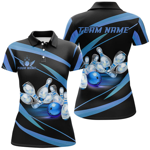 Personalized Black And Blue Bowling Shirts For Women, Custom Team Bowling League Jerseys NQS9229