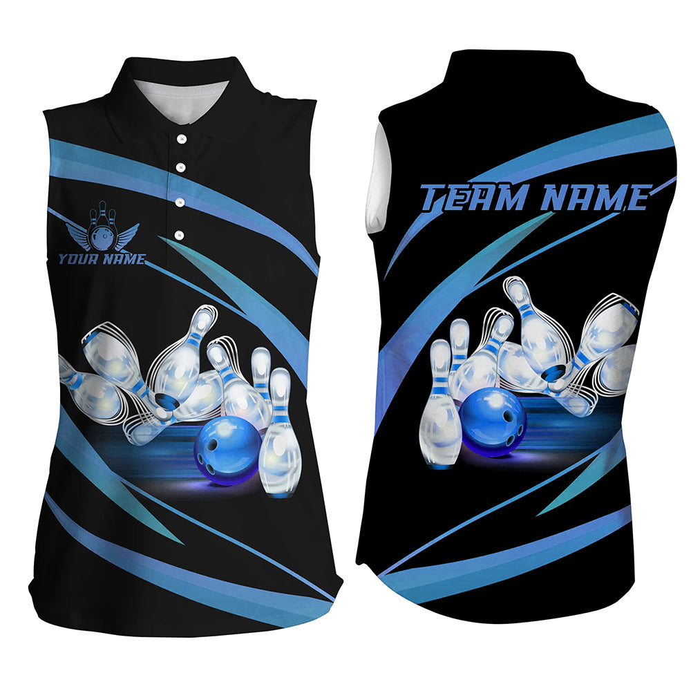 Personalized Black And Blue Bowling Sleeveless Polo Shirts, Custom Team Bowling League Jerseys NQS9229