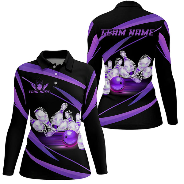 Personalized Black And Purple Bowling Shirts For Women, Custom Team Bowling League Jerseys NQS9230