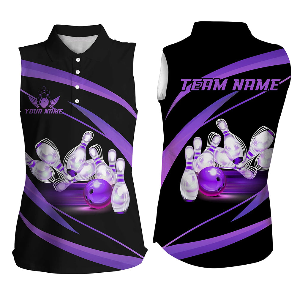 Personalized Black And Purple Bowling Sleeveless Polo Shirts, Custom Team Bowling League Jerseys NQS9230