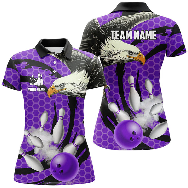 Eagle bowling ball and pins Purple camo custom Womens Bowling Polo Shirts, team ladies bowling jerseys NQS7515