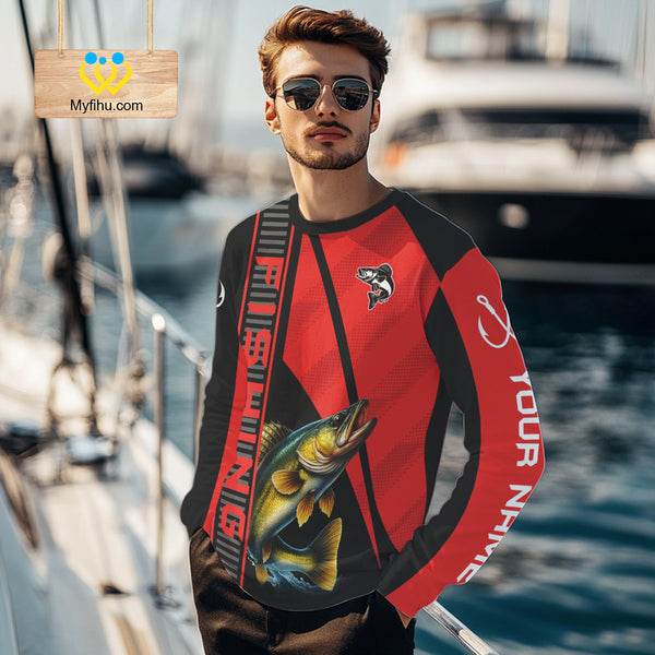 Black and red Walleye Fishing Custom UV protection Long sleeve fishing shirts For Men, Women NQS10161