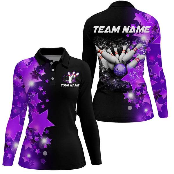 Women bowling Polo, Quarter Zip shirts Custom Purple Stars Bowling Team Bowlers Jersey NQS8527