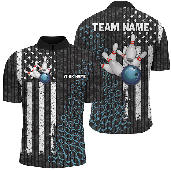 Black white American flag Men bowling Polo, Quarter Zip shirts Custom camo Bowling Team Jerseys | Blue NQS8531