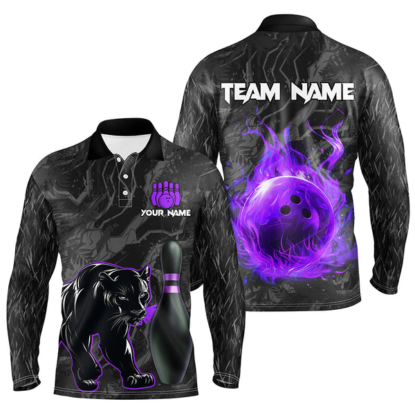 Black Camo Panther Purple Flame Bowling Polo, 1/4 Zip Shirts For Men Custom Bowling Team League Jersey NQS8777