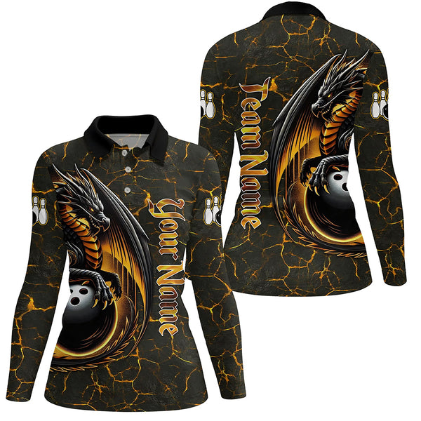 Black And Gold Custom Dragon Bowling Shirts For Women, Dragon Bowling Team Shirts NQS8783