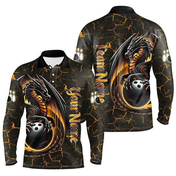 Black And Gold Custom Dragon Bowling Shirts For Men, Dragon Bowling Team Shirts NQS8783