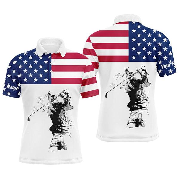 American flag patriotic white Mens golf polo custom name golf gift for men NQS5554