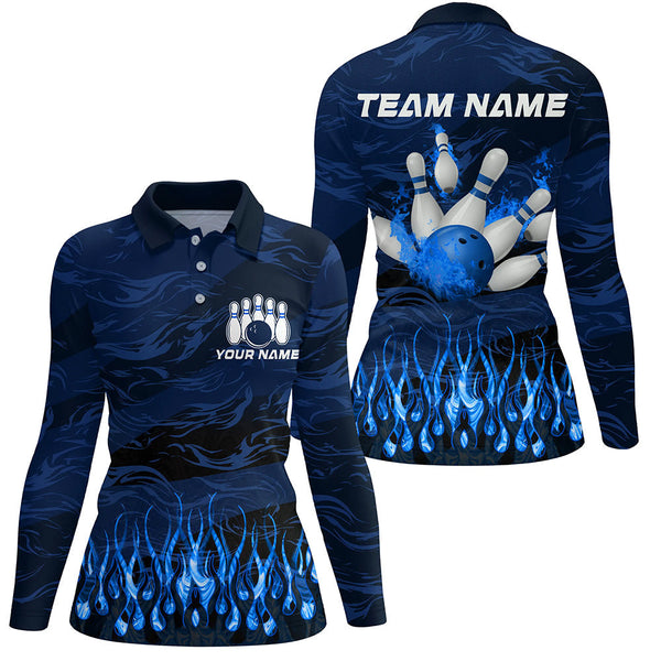 Bowling polo, quarter zip shirts for women Custom Blue camo Flame Bowling Team League Jerseys NQS8548