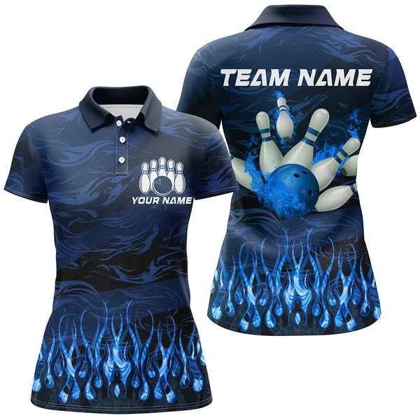 Bowling polo, quarter zip shirts for women Custom Blue camo Flame Bowling Team League Jerseys NQS8548