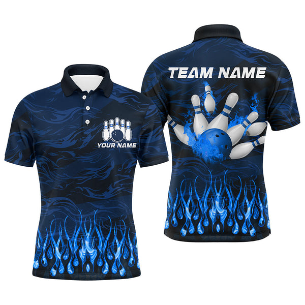 Bowling polo, quarter zip shirts for men Custom Blue camo Flame Bowling Team League Jerseys NQS8548