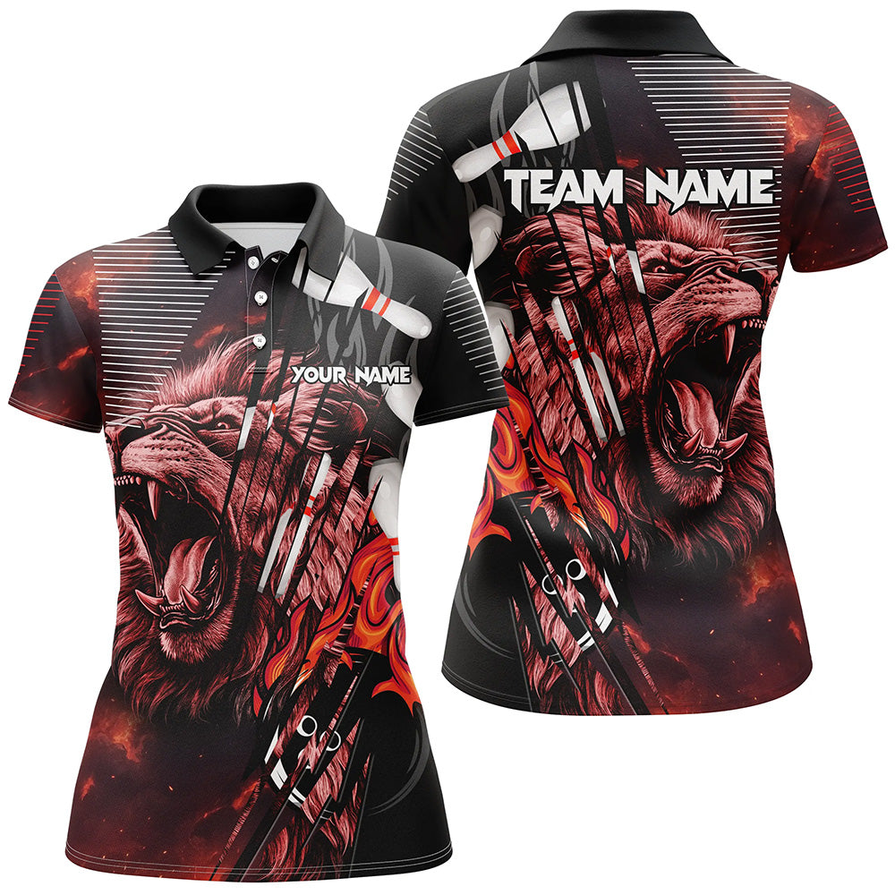 Black and Red Lion Custom Women Bowling Polo, 1/4 Zip Shirts Bowling League Shirts Team Jerseys Outfit NQS8789