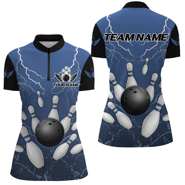 Black and Blue Grunge Lightning Thunder Women Bowling Polo, 1/4 Zip Shirt Custom Bowling Team Jersey NQS8793