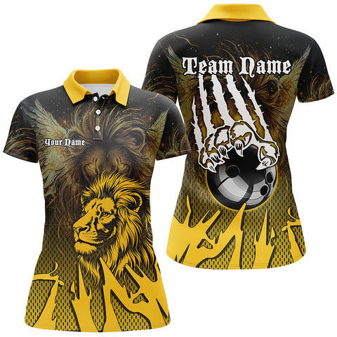 Black and Yellow Lion Bowling Polo, Quarter Zip Shirts For Women Custom Team Lion Bowling Jerseys NQS9034