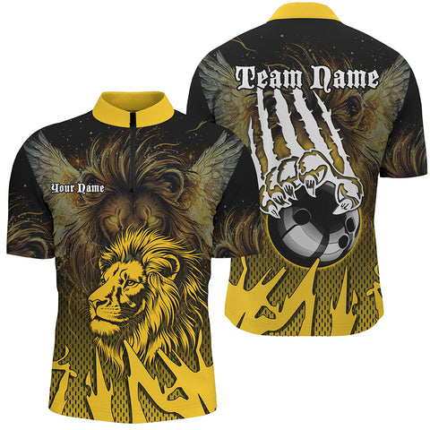 Black and Yellow Lion Bowling Polo, Quarter Zip Shirts For Men Custom Team Lion Bowling Jerseys NQS9034