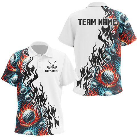 Flame Golf Ball pattern fire White Kid golf polos shirts custom golf attire for Kid NQS9270