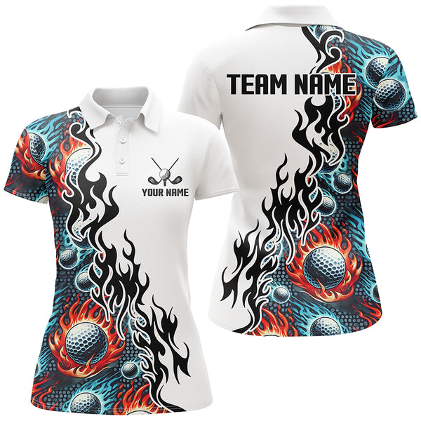 Flame Golf Ball pattern fire White Womens golf polos shirts custom golf attire for women NQS9270