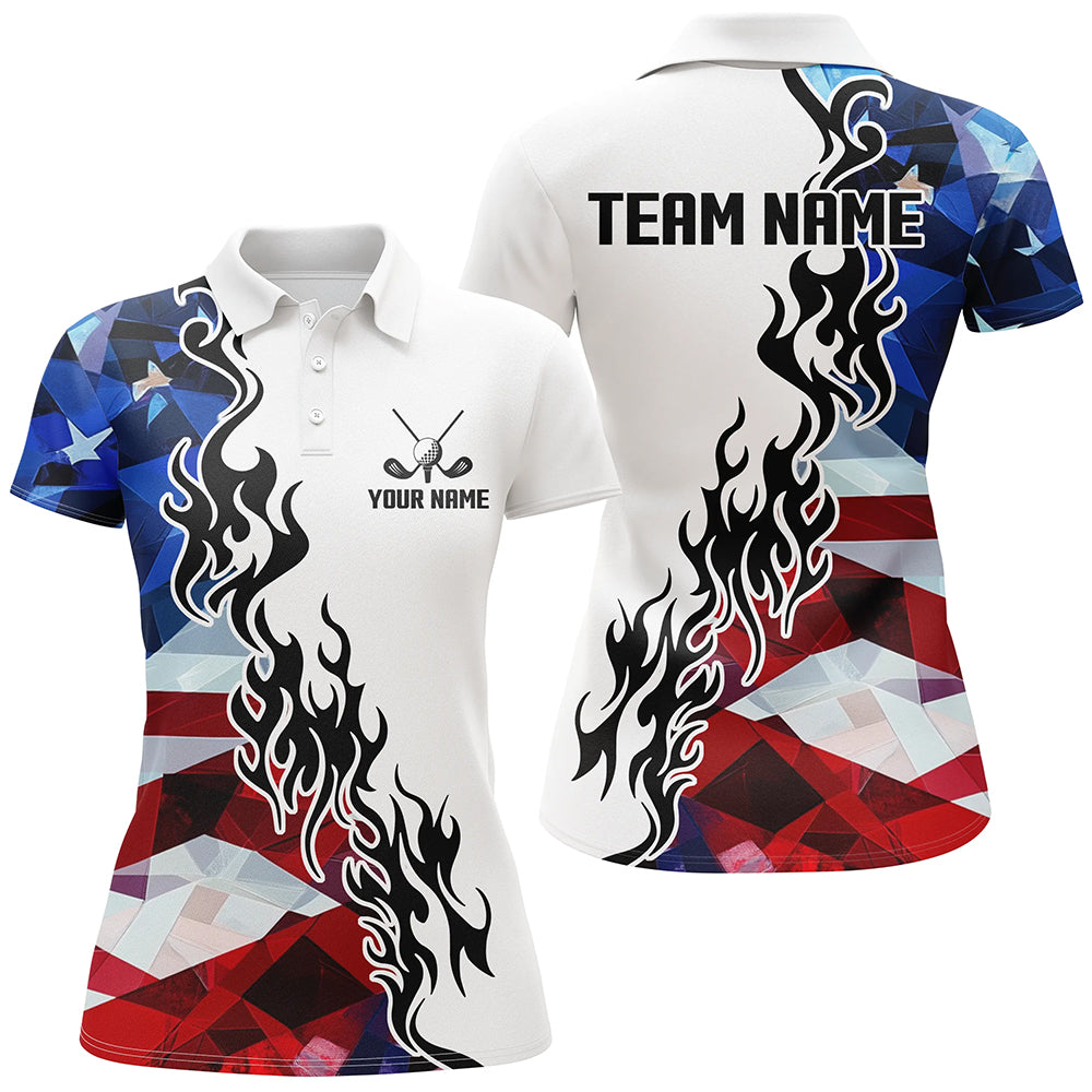 American Flag Fire Flame White Womens golf polos shirts custom patriotic golf attire for women NQS9271