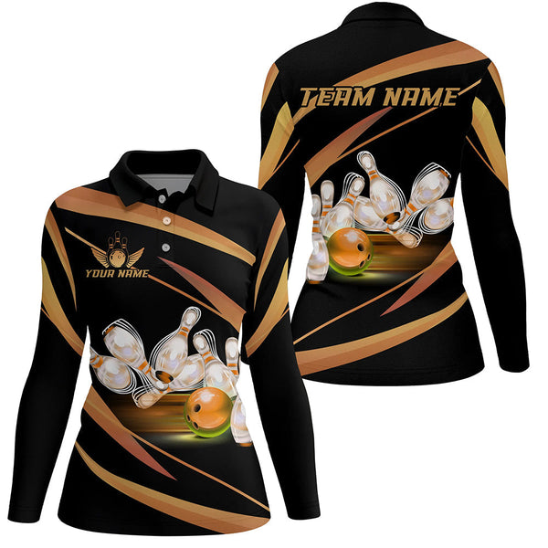 Personalized Black And Gold Bowling Shirts For Women, Custom Team Bowling League Jerseys NQS8347