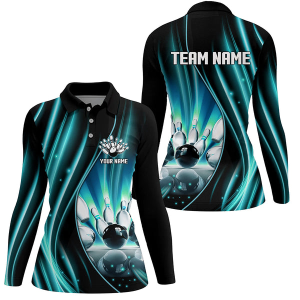 Cyan Blue and Black Light Women Polo, Quarter Zip Shirts Custom bowling team jerseys, gift for bowlers NQS9037