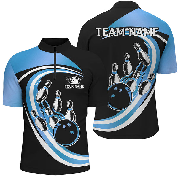 Black and Blue Bowling Polo, 1/4 Zip Shirts For Men Custom Bowling Team League Jersey, Gift For Bowler NQS9042