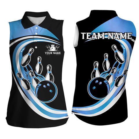 Black and Blue Bowling Sleeveless Polo Shirt Custom Bowling Team League Jersey, Gift For Bowlers NQS9042