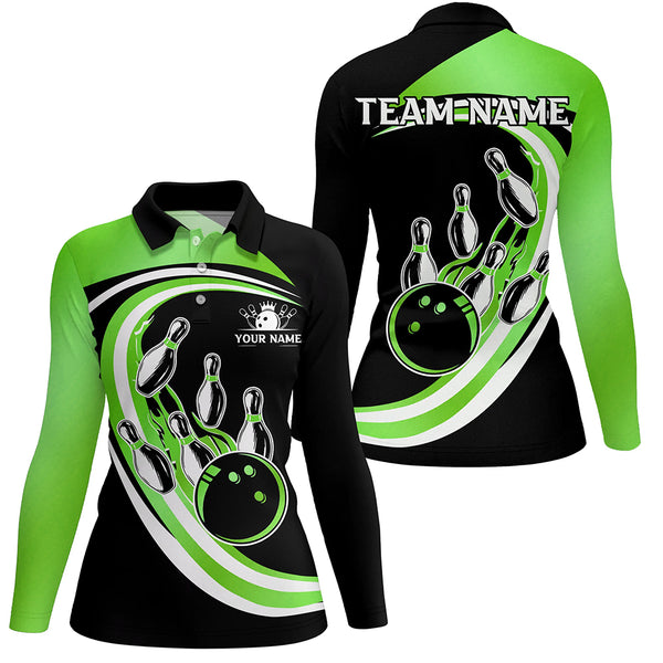 Black & Green Bowling Polo, 1/4 Zip Shirt For Women Custom Bowling Team League Jersey, Gift For Bowler NQS9043