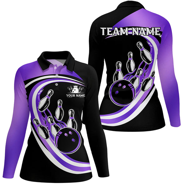 Black & Purple Bowling Polo, 1/4 Zip Shirt For Women Custom Bowling Team League Jersey,Gift For Bowler NQS9044