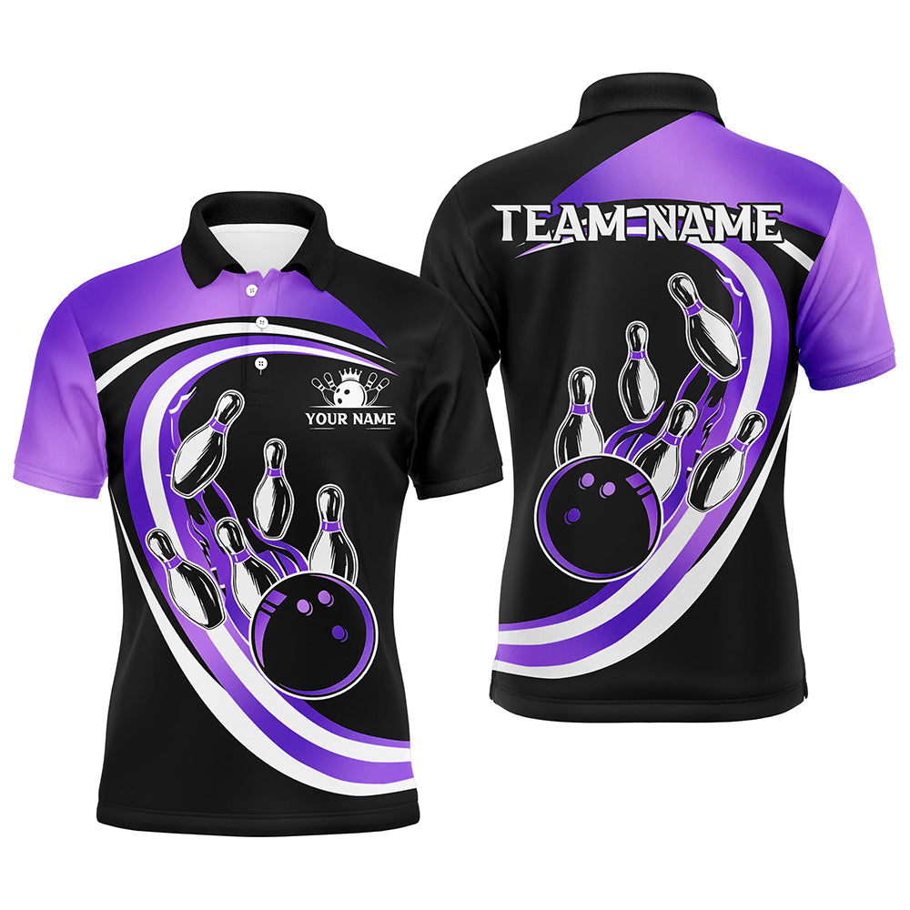 Black and Purple Bowling Polo, 1/4 Zip Shirt For Men Custom Bowling Team League Jersey,Gift For Bowler NQS9044