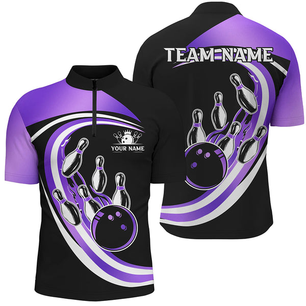 Black and Purple Bowling Polo, 1/4 Zip Shirt For Men Custom Bowling Team League Jersey,Gift For Bowler NQS9044