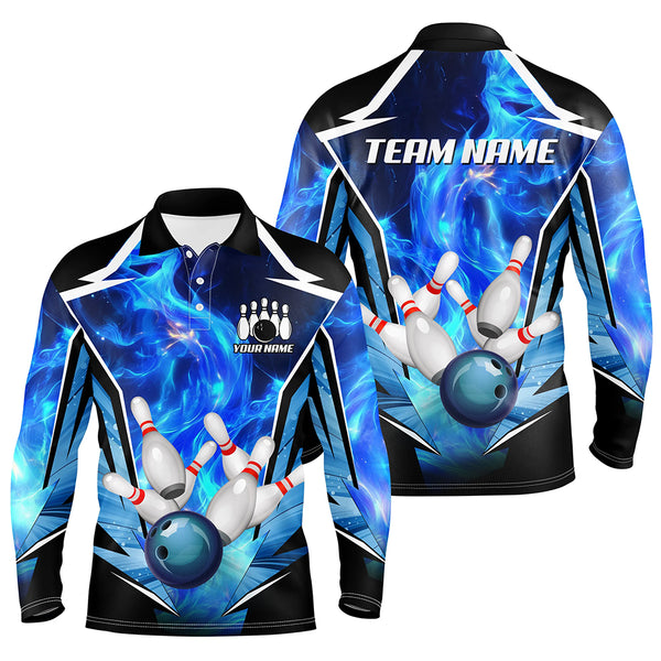 Blue Flame Bowling Ball and Pins Bowling Polo, Quarter Zip Shirts for Men Custom Bowling Team jersey NQS9283