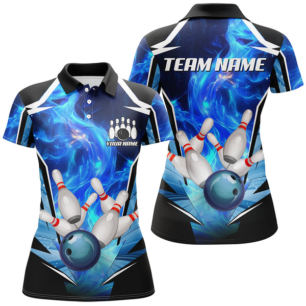 Blue Flame Bowling Ball and Pins Bowling Polo, Quarter Zip Shirts for Women Custom Bowling Team jersey NQS9283