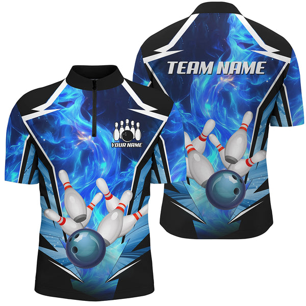 Blue Flame Bowling Ball and Pins Bowling Polo, Quarter Zip Shirts for Men Custom Bowling Team jersey NQS9283